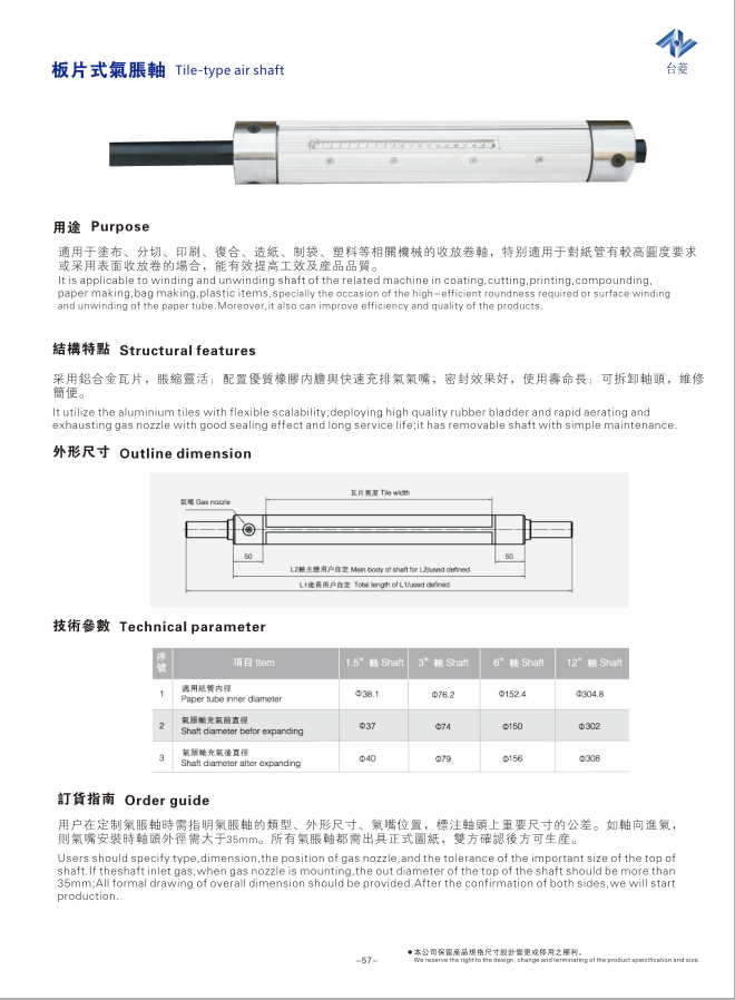瓦片式氣脹軸（板條式氣漲軸）規(guī)格型號尺寸參數表